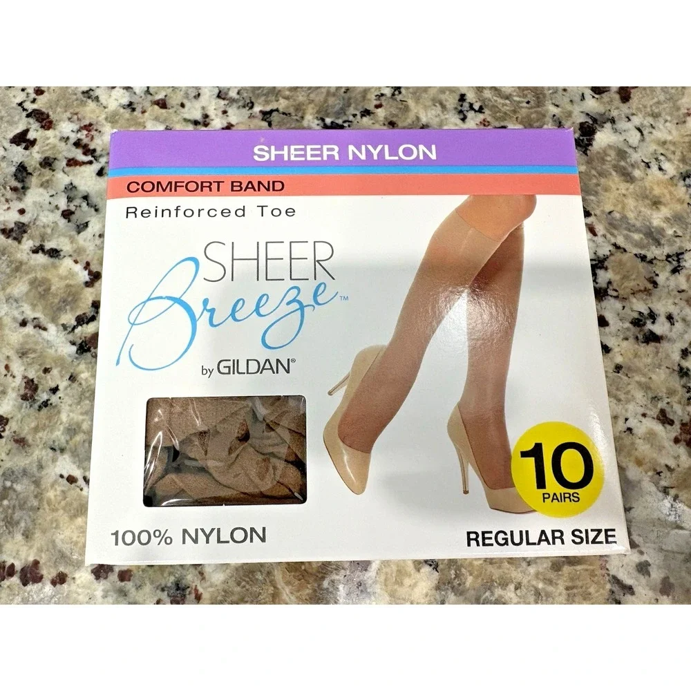 Gildan 10‎ Pairs Knee Highs Sheer Breeze Beige Nylon Size regular